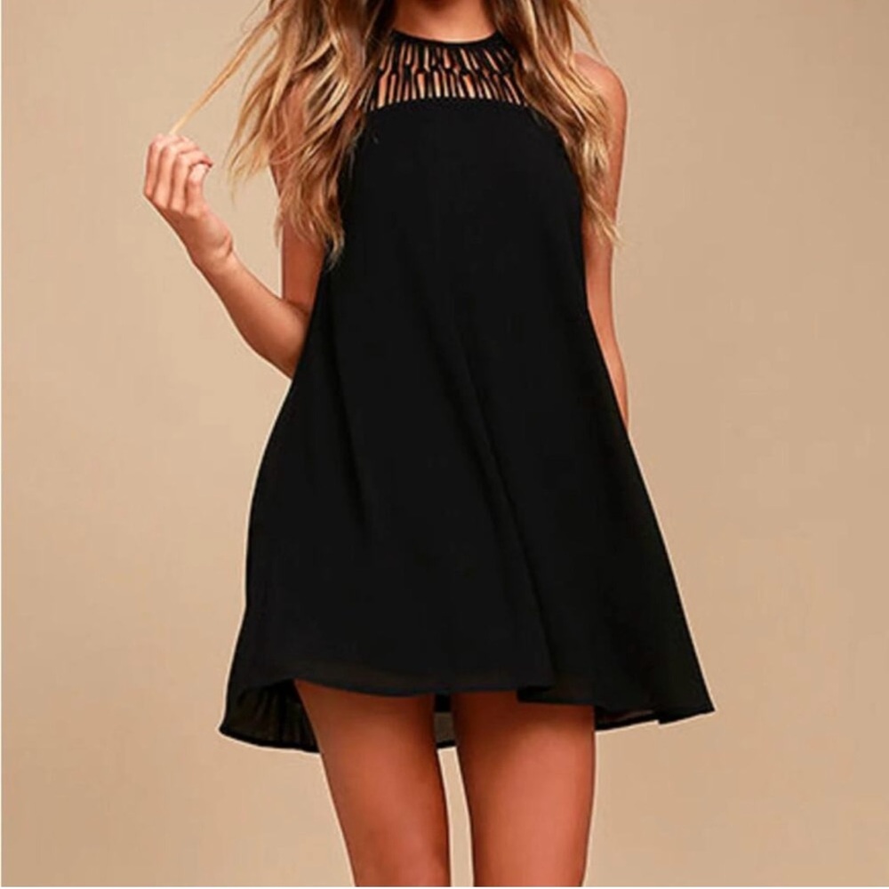 Lulus Large Tell Me Swing Mini Dress Apron Neckline Lightweight Lined Black